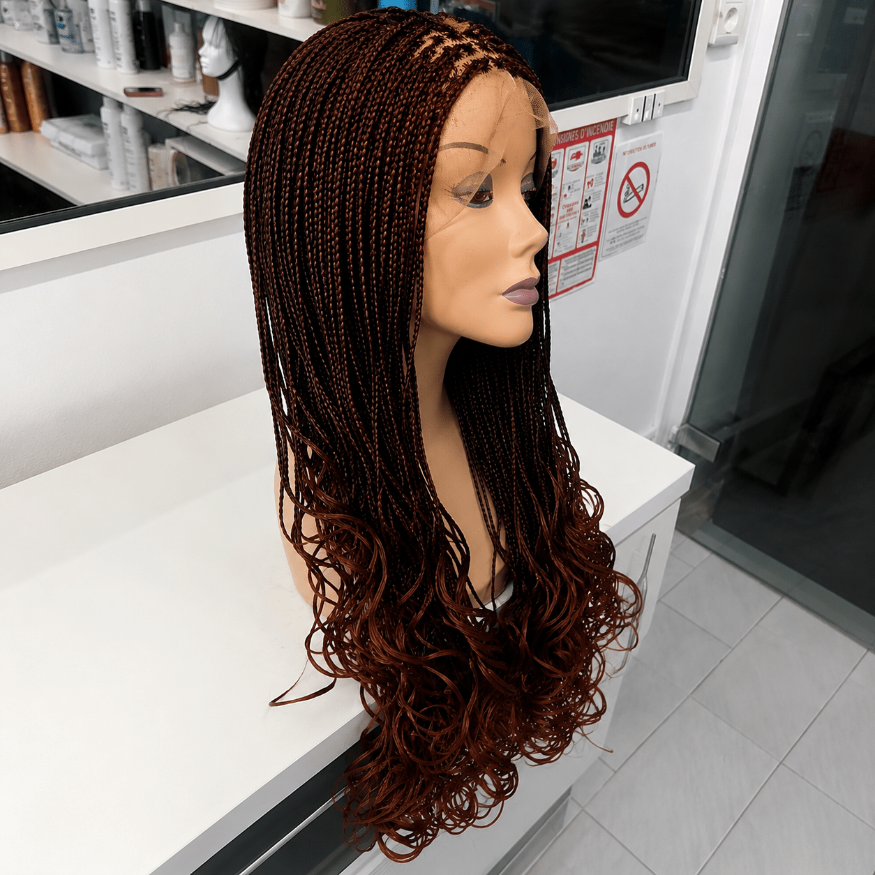 Perruque Lace Front Tresse Africaine – Micro-Tresses Châtain Cuivré avec Pointes Bouclées | Tata Hair Cosmetic