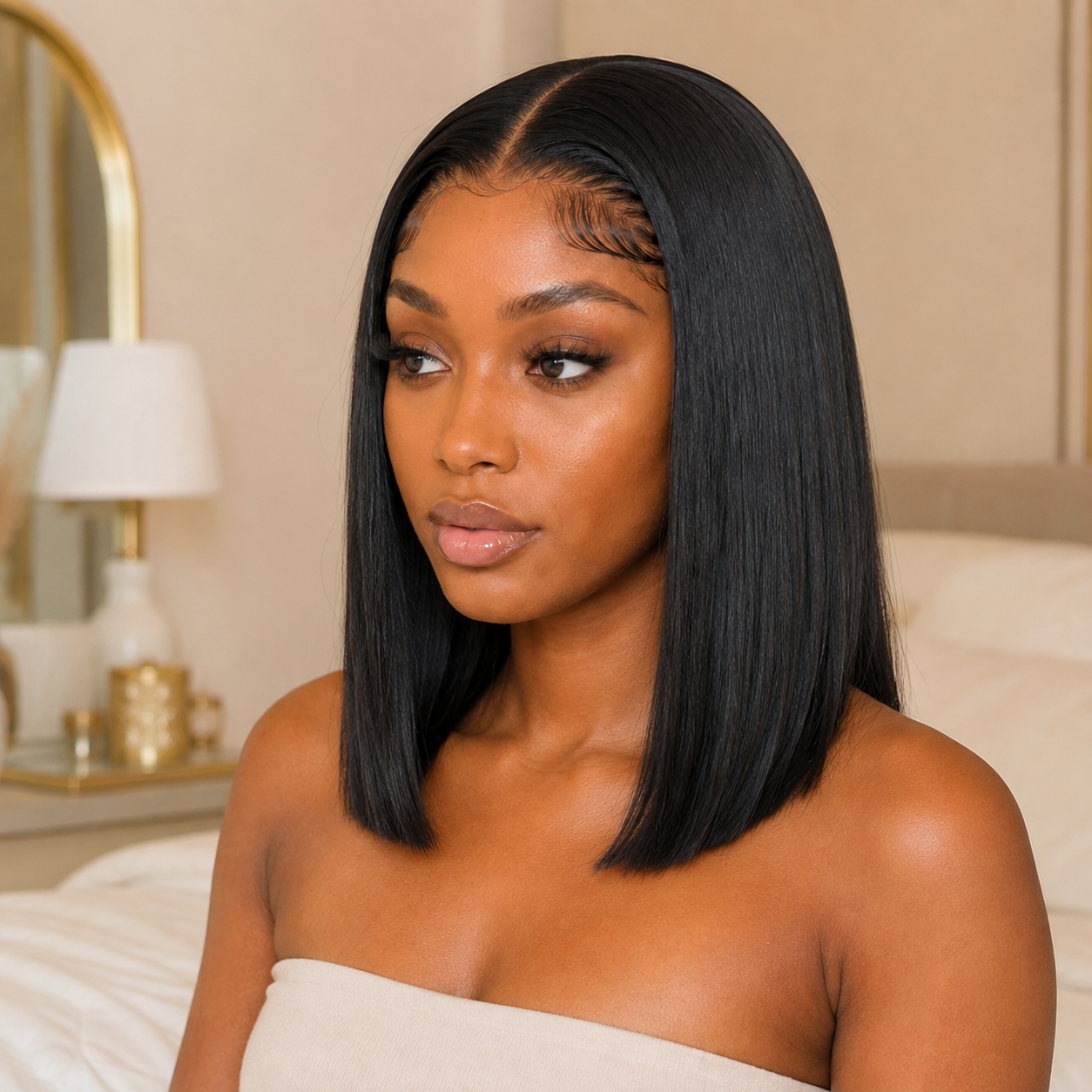 Perruque bob lisse sans colle – détail de la coiffure