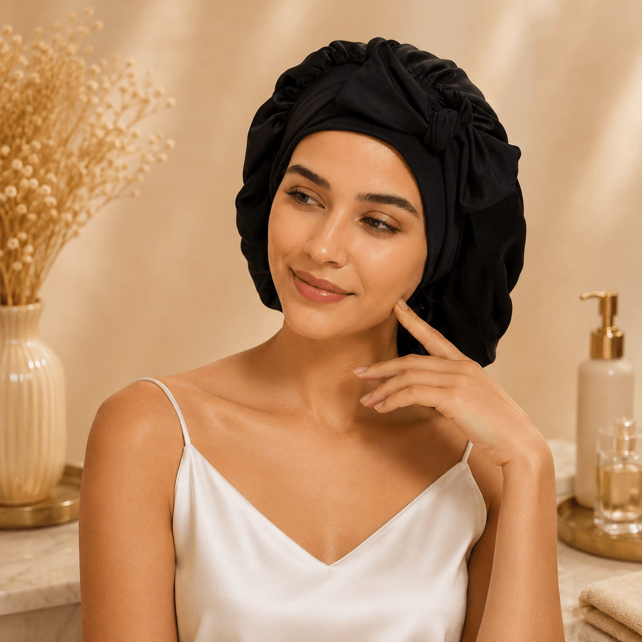 Adjustable satin bonnet with wide band – Tata Hair Cosmetic