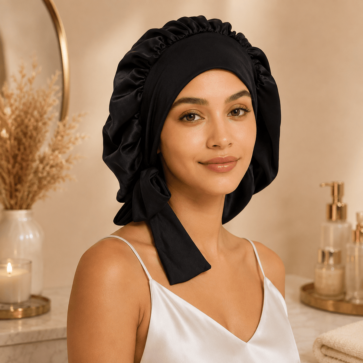 Adjustable satin bonnet with wide band – Tata Hair Cosmetic
