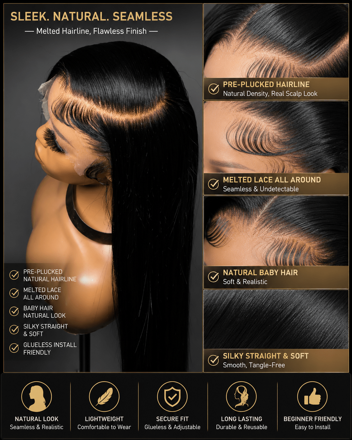 Luxury Brazilian Straight Glueless HD Lace Front Wig – 100% Human Hair | Tata Hair Cosmetic