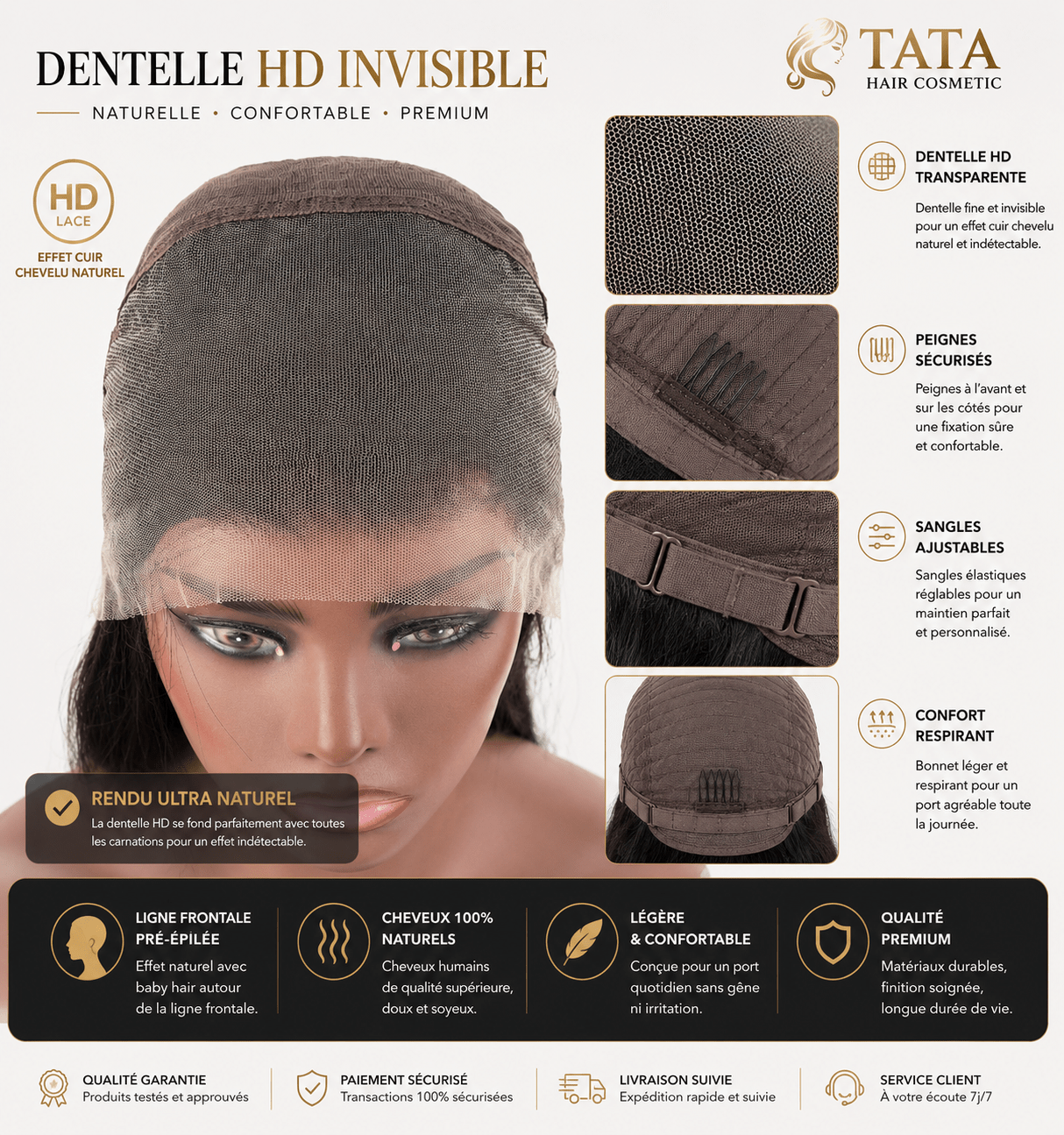Perruque HD Lace Lisse – Cheveux Humains 100 % Naturels | Tata Hair Cosmetic