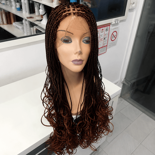 Perruque Lace Front Tresse Africaine – Micro-Tresses Châtain Cuivré avec Pointes Bouclées | Tata Hair Cosmetic