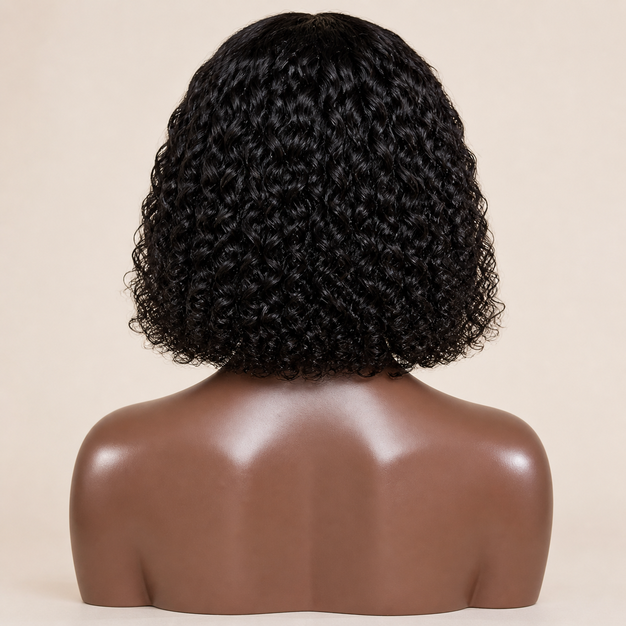 Natural black Jerry curly short bob human hair wig on mannequin, back view