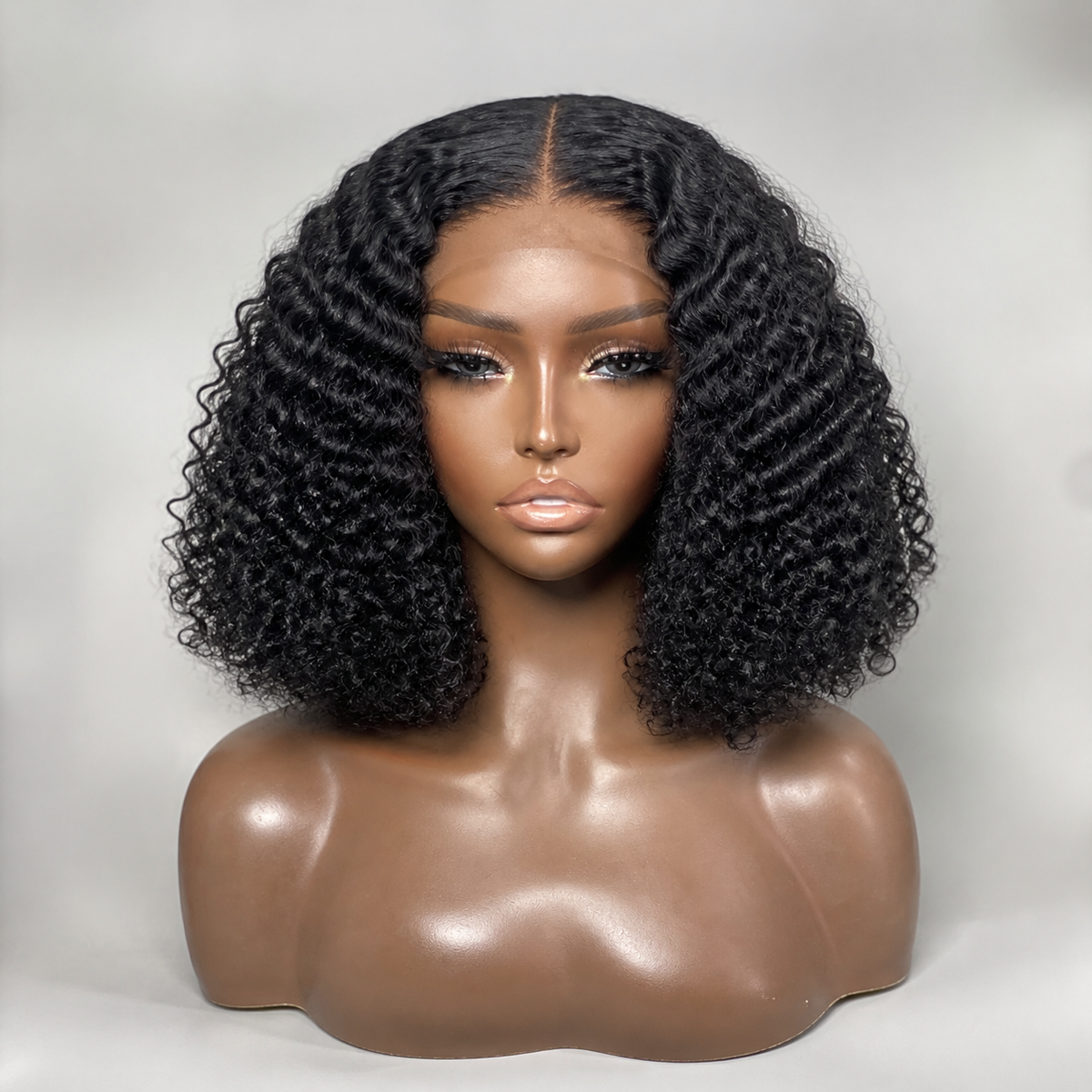 Natural black Jerry curly short bob human hair wig on mannequin, front view