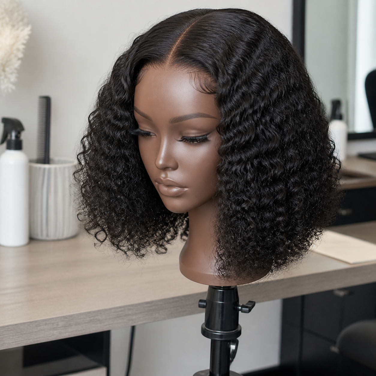 Natural black Jerry curly short bob human hair wig displayed on a salon mannequin stand